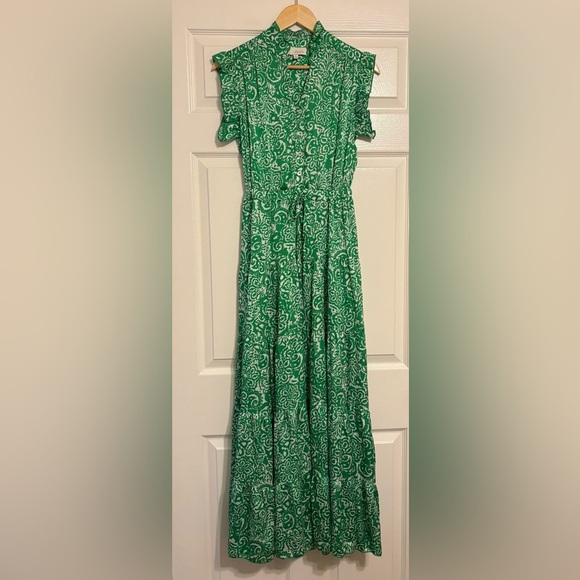 NWOT Pinch Paisley Green White Maxi Dress Flutter Sleeve Tie Waist - Picture 4 of 11